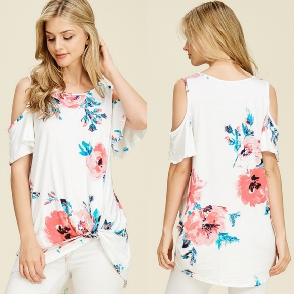 Sweetbb Tops - Ivory Floral Front Tie Tunic